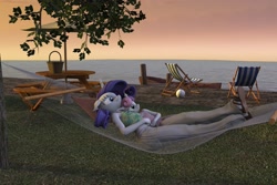 Size: 3000x2000 | Tagged: safe, artist:tahublade7, imported from derpibooru, rarity, sweetie belle, anthro, plantigrade anthro, unicorn, 3d, clothes, cuddling, daz studio, dress, female, hammock, high res, lake, mare, sandals, sisters, sleepy, snuggling, sunset