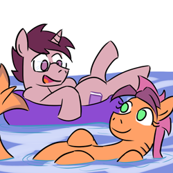 Size: 800x800 | Tagged: safe, artist:jargon scott, imported from derpibooru, oc, oc only, oc:lore love, oc:sammarossa, original species, shark pony, unicorn, glasses, inner tube, water