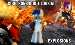 Size: 2000x1200 | Tagged: safe, imported from derpibooru, oc, oc only, oc:blackjack, oc:morning glory (project horizons), oc:p-21, fallout equestria, fallout equestria: project horizons, badass, cool guys don't look at explosions, deal with it, explosion, meme, the lonely island