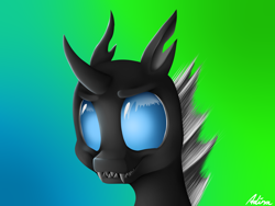 Size: 1600x1200 | Tagged: safe, artist:luminousdazzle, imported from derpibooru, changeling, sharp teeth, smiling, solo