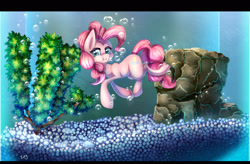 Size: 1900x1250 | Tagged: dead source, safe, artist:inky-pinkie, imported from derpibooru, pinkie pie, fish, bubble, cartoon physics, female, fishbowl, pet, solo, underwater