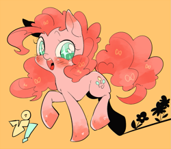 Size: 803x700 | Tagged: safe, artist:29axa, imported from derpibooru, pinkie pie, pony, blushing, eye sparkles, female, flower, no pupils, open mouth, orange background, simple background, smiling, smiling pinkie pie tolts left, solo, sparkly eyes, wingding eyes