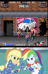 Size: 600x931 | Tagged: safe, imported from derpibooru, applejack, rainbow dash, equestria girls, applejack and rainbow dash playing, double dragon, exploitable meme, meme, video game