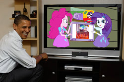 Size: 800x535 | Tagged: safe, imported from derpibooru, pinkie pie, princess celestia, rainbow dash, rarity, equestria girls, rainbow rocks, accepted meme that never ends, american presidents, barack obama, celestia's proclamation, comic, exploitable meme, faic, hapless twilight, meme, memeception, obligatory pony, photo, politics, rainboom's advertisement, text, the meme that never ends, tv meme