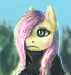 Size: 940x996 | Tagged: safe, artist:elkaart, imported from derpibooru, fluttershy, clothes, female, hair over one eye, portrait, solo, sweater, sweatershy