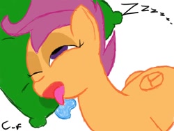 Size: 1024x768 | Tagged: safe, imported from derpibooru, scootaloo, pegasus, pony, drool, pillow, sleeping, solo