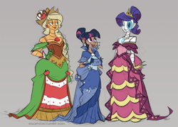 Size: 800x572 | Tagged: safe, artist:egophiliac, imported from derpibooru, applejack, rarity, twilight sparkle, human, robot, steamquestria, clothes, dark skin, dress, gala dress, gray background, humanized, simple background, steampunk, trio