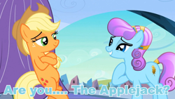 Size: 960x540 | Tagged: safe, edit, edited screencap, imported from derpibooru, screencap, applejack, sapphire joy, crystal pony, pony, the crystal empire, bipedal, bipedal leaning, blue text, image macro, leaning, meme, starstruck