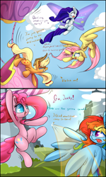 Size: 2400x4000 | Tagged: safe, artist:madacon, imported from derpibooru, applejack, fluttershy, pinkie pie, rainbow dash, rarity, belly button, comic, crazy awesome, flying contraption, glimmer wings, hot air balloon, pedalcopter, this will end in tears and/or death, twinkling balloon