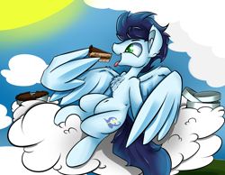 Size: 1800x1400 | Tagged: safe, artist:madacon, imported from derpibooru, soarin', backwards cutie mark, belly button, cake, chest fluff, cloud, cloudy, cute, ear fluff, eating, male, on back, open mouth, pie, pie tin, sitting, sky, smiling, soarinbetes, solo, spread wings, sun, that pony sure does love pies, this will end in weight gain, tongue out, wing hands