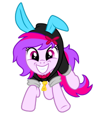 Size: 1536x2048 | Tagged: safe, artist:birdivizer, imported from derpibooru, oc, oc only, oc:silent song, earth pony, pony, bowtie, bunny costume, bunny ears, clothes, costume, dangerous mission outfit, excited, female, happy, hoodie, looking at you, mare, running, simple background, smiling, solo, transparent background