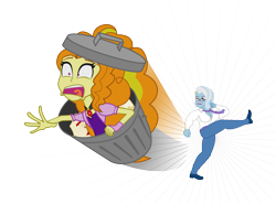 Size: 7646x5661 | Tagged: safe, imported from derpibooru, adagio dazzle, trixie, equestria girls, absurd resolution, abuse, adagiabuse, don't fuck with this senator, garbagio, kicking, konami, metal gear, metal gear rising, nanomachines, senator armstrong, trash can