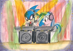 Size: 2317x1632 | Tagged: safe, artist:souleatersaku90, imported from derpibooru, dj pon-3, vinyl scratch, chaos in equestria, commission, crossover, fanfic, fanfic art, party, sonic the hedgehog, sonic the hedgehog (series), traditional art, watercolor painting