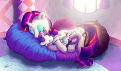 Size: 1920x1136 | Tagged: safe, artist:halem1991, imported from derpibooru, rarity, sweetie belle, cute, diasweetes, halem1991 is trying to murder us, hug, pillow, raribetes, sisters, sleeping, snuggling