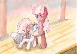 Size: 2332x1643 | Tagged: safe, artist:souleatersaku90, imported from derpibooru, cheerilee, diamond tiara, comfort, comforting, commission, crying, fanfic, fanfic art, filly, foal, implied death, sad, the simple life, traditional art, watercolor painting