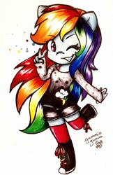 Size: 867x1337 | Tagged: safe, artist:gummigator, imported from derpibooru, rainbow dash, anthro, chibi, female, peace sign, solo, traditional art, wink