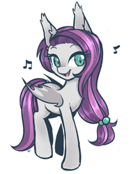 Size: 600x800 | Tagged: dead source, safe, artist:hawthornss, imported from derpibooru, oc, oc only, oc:sweet hum, bat pony, pony, music notes, singing, solo