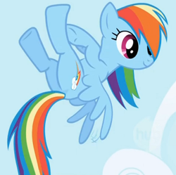 Size: 385x383 | Tagged: safe, imported from derpibooru, screencap, rainbow dash, pegasus, pony, cropped, female, flying, hub logo, mare, solo