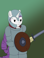 Size: 600x800 | Tagged: safe, artist:halflingpony, imported from derpibooru, rarity, anthro, armor, female, my little art challenge, shield, solo, sword