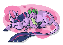 Size: 903x654 | Tagged: safe, artist:miserablemutt, imported from derpibooru, spike, twilight sparkle, alicorn, classical unicorn, pony, female, leonine tail, mare, nap, sleeping, twilight sparkle (alicorn)