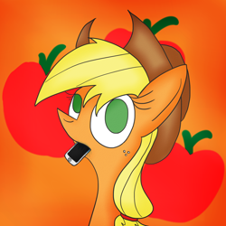 Size: 1024x1024 | Tagged: safe, artist:mr. rottson, imported from derpibooru, applejack, pony, eating, iphone, silly, silly pony, solo, who's a silly pony