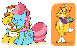 Size: 1024x640 | Tagged: safe, artist:cngsoft, imported from derpibooru, carrot cake, cup cake, anthro, earth pony, pony, renamon, anthro with ponies, carrot cup, digimon, eyes closed, female, headphones, male, mare, shipping, simple background, snuggling, stallion, straight, white background