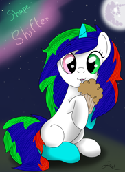 Size: 1700x2338 | Tagged: safe, artist:8darknesss8, imported from derpibooru, oc, oc only, oc:shape shifter, pony, unicorn, blank flank, heterochromia, milkshake, night, request, solo