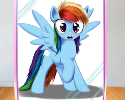 Size: 513x413 | Tagged: safe, artist:charlescaw, artist:sokolas, imported from derpibooru, rainbow dash, pony, backwards cutie mark, blushing, female, mirror, shocked, solo