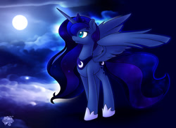 Size: 1125x825 | Tagged: safe, artist:skyheavens, imported from derpibooru, princess luna, female, flying, moon, night, solo