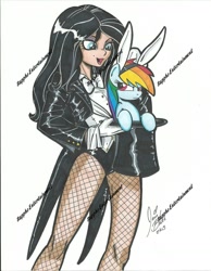 Size: 1205x1553 | Tagged: safe, artist:ponygoddess, imported from derpibooru, rainbow dash, human, bunny ears, crossover, cute, dashabetes, dc comics, fishnets, hat, magic trick, magician, simple background, tailcoat, top hat, traditional art, unamused, watermark, white background, zatanna