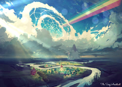 Size: 900x636 | Tagged: safe, artist:rhads, artist:the sexy assistant, edit, imported from derpibooru, canterlot, cloud, cloudsdale, cloudy, lens flare, no pony, ponyville, rainbow, rainbow trail, river, scenery, sky, sweet apple acres