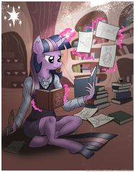 Size: 3750x4768 | Tagged: safe, artist:greenlinzerd, imported from derpibooru, derpy hooves, twilight sparkle, anthro, unguligrade anthro, absurd resolution, book, clothes, diagram, dust motes, ear fluff, extra pony, female, fine art parody, implied applejack, implied fluttershy, implied pinkie pie, implied rainbow dash, implied rarity, ink, magic, notepad, quill, solo, studying, tanktop, telekinesis, vitruvian man