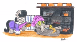 Size: 2078x1139 | Tagged: safe, artist:bobthedalek, imported from derpibooru, octavia melody, oc, oc only, oc:mixed melody, oc:octavia's father, oc:octavia's mother, oc:ostinato melody, earth pony, pony, bath, bathtub, clothes, cucumber, dressing gown, duo, female, hearth, male, octavia is not amused, pajamas, pans, rubber duck, towel, unamused