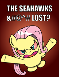 Size: 2563x3313 | Tagged: safe, artist:saburodaimando, imported from derpibooru, fluttershy, pony, american football, bipedal, bloodshot eyes, caption, flutterrage, from above, gradient background, mouthpiece, seahawks, seattle seahawks, simple background, super bowl, super bowl xlix, the seahawks should've ran the ball, who cares