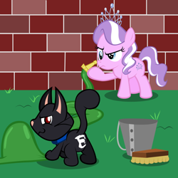 Size: 800x800 | Tagged: safe, artist:magerblutooth, imported from derpibooru, diamond tiara, oc, oc:dazzle, cat, earth pony, pony, brush, bucket, butt, female, filly, foal, grass, hose, plot, revenge, wall