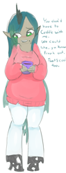 Size: 369x966 | Tagged: safe, artist:mt, imported from derpibooru, oc, oc only, oc:catrine, changeling, satyr, clothes, heart eyes, mug, offspring, pants, parent:queen chrysalis, solo, sweater, wingding eyes