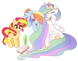 Size: 1875x1470 | Tagged: safe, artist:ponycide, imported from derpibooru, princess celestia, rainbow dash, sunset shimmer, alicorn, pegasus, pony, unicorn, equestria girls, book, laughing, magic, quill, simple background, sitting, telekinesis, tongue out