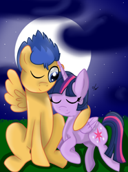 Size: 1024x1373 | Tagged: safe, artist:princesslovelypony, imported from derpibooru, flash sentry, twilight sparkle, alicorn, pony, eyes closed, female, flashlight, hearts and hooves day, hug, male, mare, moon, shipping, straight, twilight sparkle (alicorn), wink