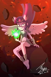Size: 1100x1655 | Tagged: safe, artist:bluse, imported from derpibooru, twilight sparkle, equestria girls, barefoot, belly button, dark magic, evil grin, feet, female, legs, magic, midriff, ponied up, sexy, show accurate, sitting, solo, twilight sparkle (alicorn), tyrant sparkle
