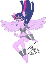 Size: 900x1238 | Tagged: safe, artist:bluse, imported from derpibooru, twilight sparkle, equestria girls, background removed, barefoot, belly button, evil grin, feet, female, midriff, sexy, show accurate, signature, simple background, solo, twilight sparkle (alicorn), unconvincing armor, white background