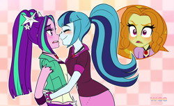 Size: 1280x783 | Tagged: safe, artist:rileyav, imported from derpibooru, adagio dazzle, aria blaze, sonata dusk, equestria girls, arisona, blushing, female, gem, hug, lesbian, nuzzling, shipping, siren gem, the dazzlings