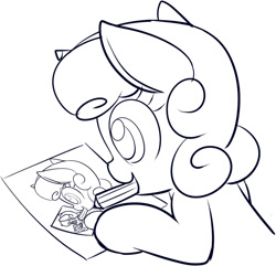 Size: 644x621 | Tagged: safe, artist:mcsadat, imported from derpibooru, sweetie belle, drawing, monochrome, recursion