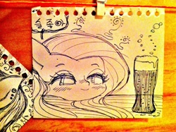 Size: 800x597 | Tagged: safe, artist:sigpi, imported from derpibooru, fluttershy, beer, female, korean, monochrome, solo, traditional art