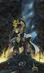 Size: 1000x1666 | Tagged: safe, artist:1jaz, imported from derpibooru, oc, oc only, earth pony, pony, bolter, chainsword, clothes, commissar, crossover, cybernetic legs, dark, fire, gun, male, mouth hold, prosthetics, skull, solo, stallion, sword, warhammer (game), warhammer 40k, weapon