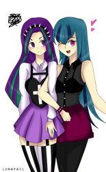 Size: 1126x1814 | Tagged: safe, artist:myumlamy, imported from derpibooru, aria blaze, sonata dusk, equestria girls, alternate clothes, alternate costumes, alternate hairstyle, clothes, garter belt, garters, hairband, heart, humanized, see-through, stockings, wink