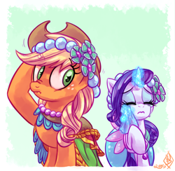 Size: 1100x1075 | Tagged: safe, artist:whitediamonds, imported from derpibooru, applejack, rarity, earth pony, pony, unicorn, a canterlot wedding, clothes, crying, eyes closed, female, freckles, handkerchief, hat, lesbian, levitation, liarjack, magic, mare, rarijack, rarijack daily, scene interpretation, scrunchy face, shipping, tissue