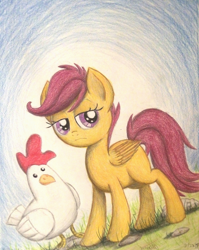 Size: 1066x1336 | Tagged: safe, artist:thefriendlyelephant, imported from derpibooru, scootaloo, chicken, scootachicken, scootaloo is not amused, traditional art