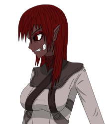 Size: 2553x3021 | Tagged: safe, artist:litnov101, imported from derpibooru, oc, oc only, oc:marksaline, human, dead space, elf ears, eyeshadow, grin, humanized, humanized oc, make us whole, makeup, nicole brennan, red eyes, sharp teeth, simple background, solo, transparent background