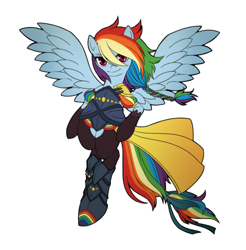 Size: 1152x1172 | Tagged: safe, artist:umeguru, artist:うめぐる, imported from derpibooru, rainbow dash, anthro, semi-anthro, alternate hairstyle, arm hooves, armor, bipedal, female, looking at you, smiling, solo