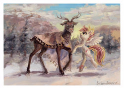 Size: 2519x1800 | Tagged: safe, artist:satynapaper, imported from derpibooru, oc, oc only, deer, pegasus, reindeer, gouache, snow, traditional art